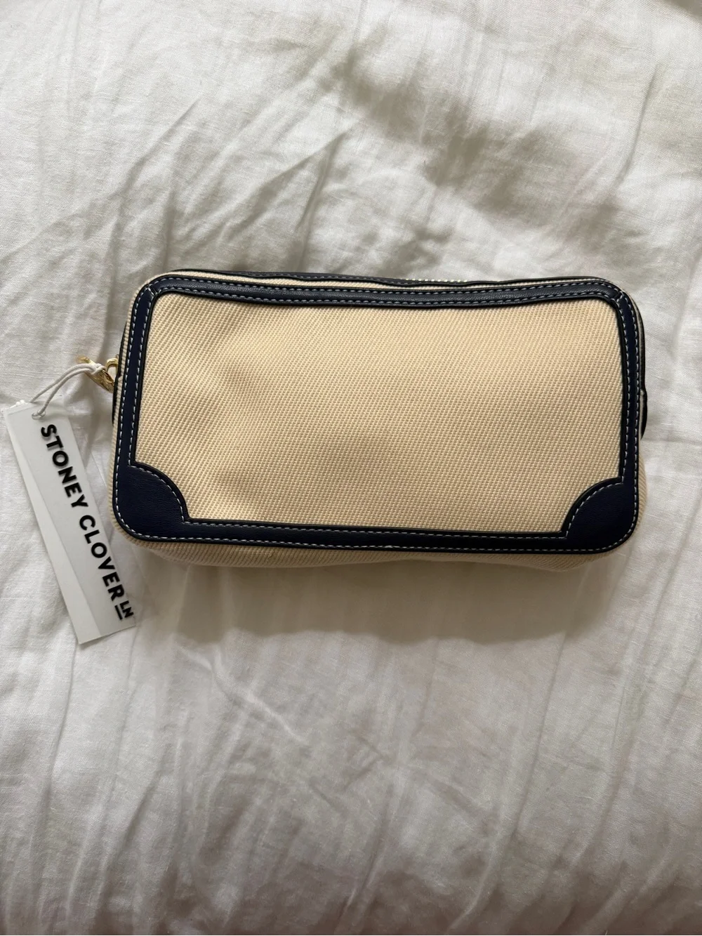 Stoney Clover Lane Beige Canvas Cosmetic Case with Navy Trim and Mint Stripe - Picture 3 of 4